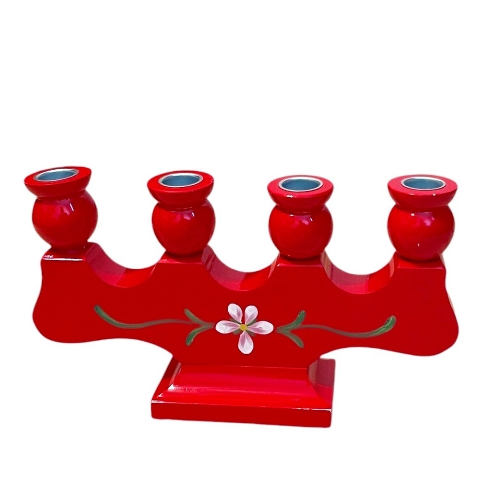 Vintage Hand Painted Wooden Red Candelabra